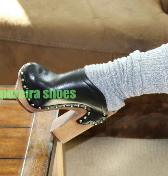 

Lady Wooden Platform Vintage Spike Rivet Metal Pumps Slingback Mules Black Pu Chunky Heel Mary Janes Runway Footwear Size 34-46