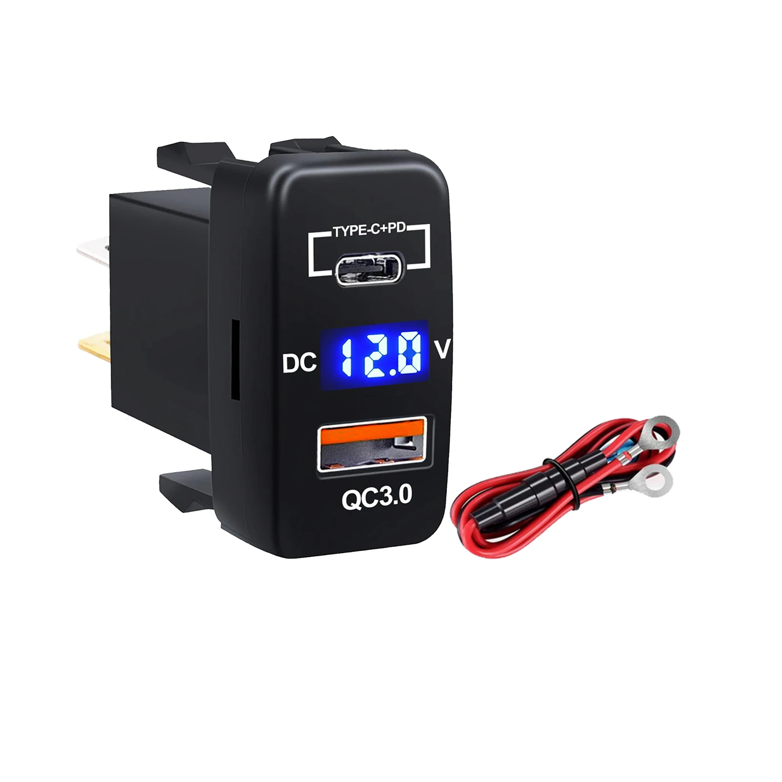 12V Dual USB Car Charger Socket Adapter Type C-PD QC3.0 Fast Charger Blue Red Voltmeter for Toyota Blank Push Switch