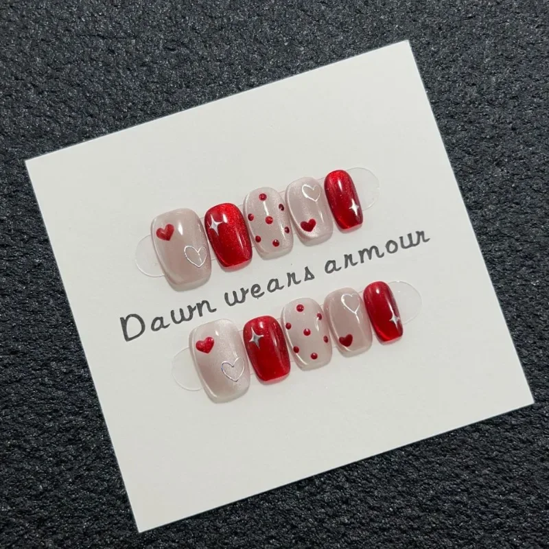 10pcs Handmade Short Cat Eye Love Dot Red Removable Christmas Press on Nails Acrylic Cute Fake Nails Sweet False Nails for Hands