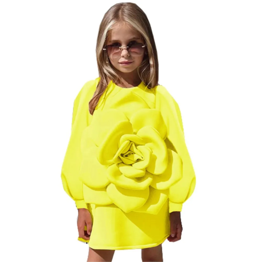 2024 New Girls Princess Yellow Flower Teen Dress EidalFitr Birthday Holiday abbigliamento per bambini Costume da festa vestiti della neonata