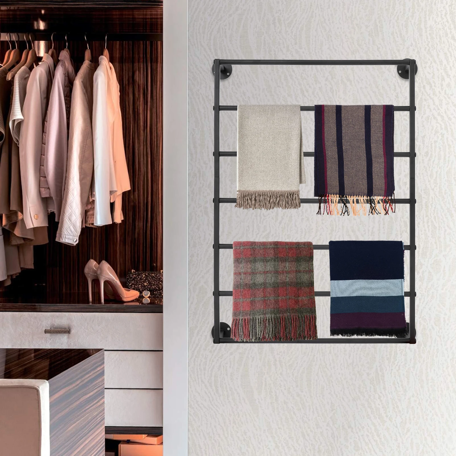 

7-Tier Wall Mounted Scarf Organizer | Multi-Layer Hanging Storage Rack for Scarves, Towels, Hats & Belts | Black Display Shelf