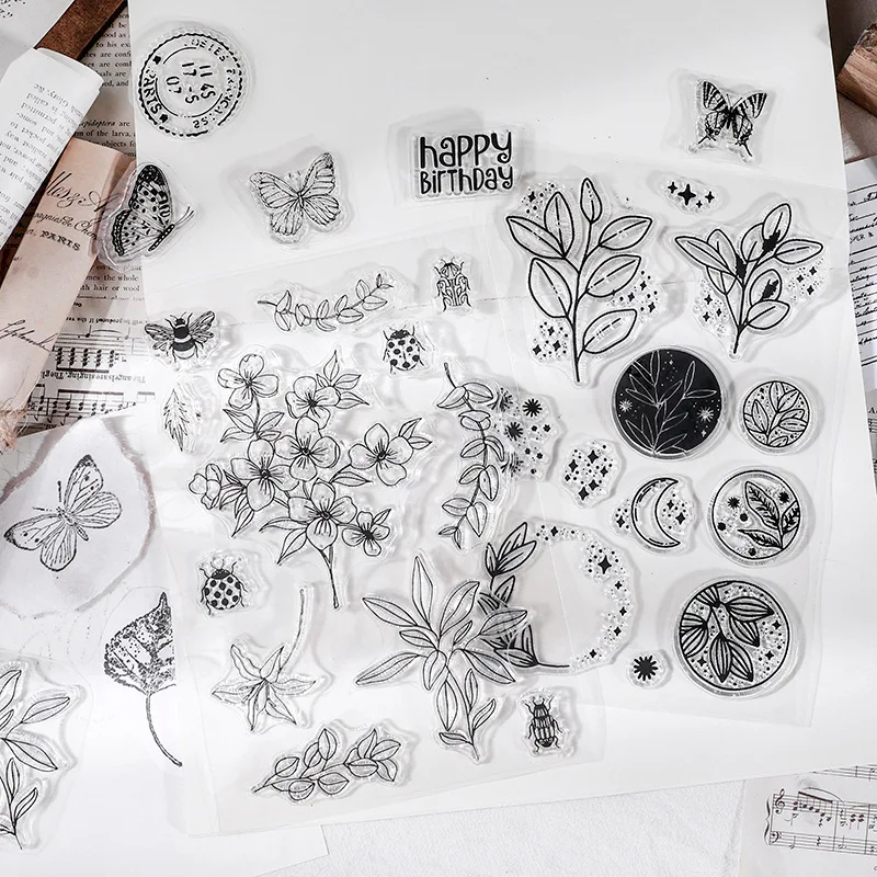 

Vintage Clear Silicone Stamp Set for DIY Scrapbooking Card Making Planner Journal Decoration Letters Numbers Botanical Postmark