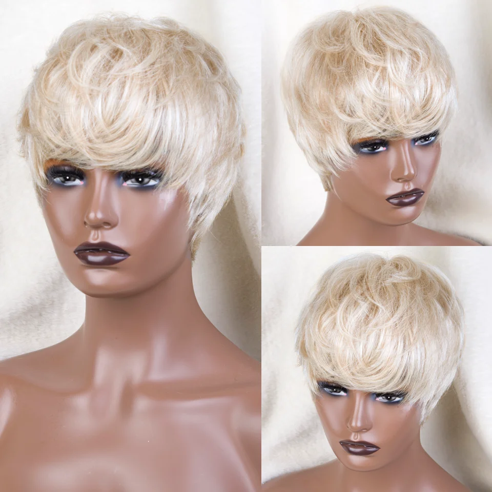 613 Honey Blonde Color Lace Wig Short Wavy Bob Pixie Cut Full Machine Made Human Hair Wigs With Bangs For Black Women Remy Jodir