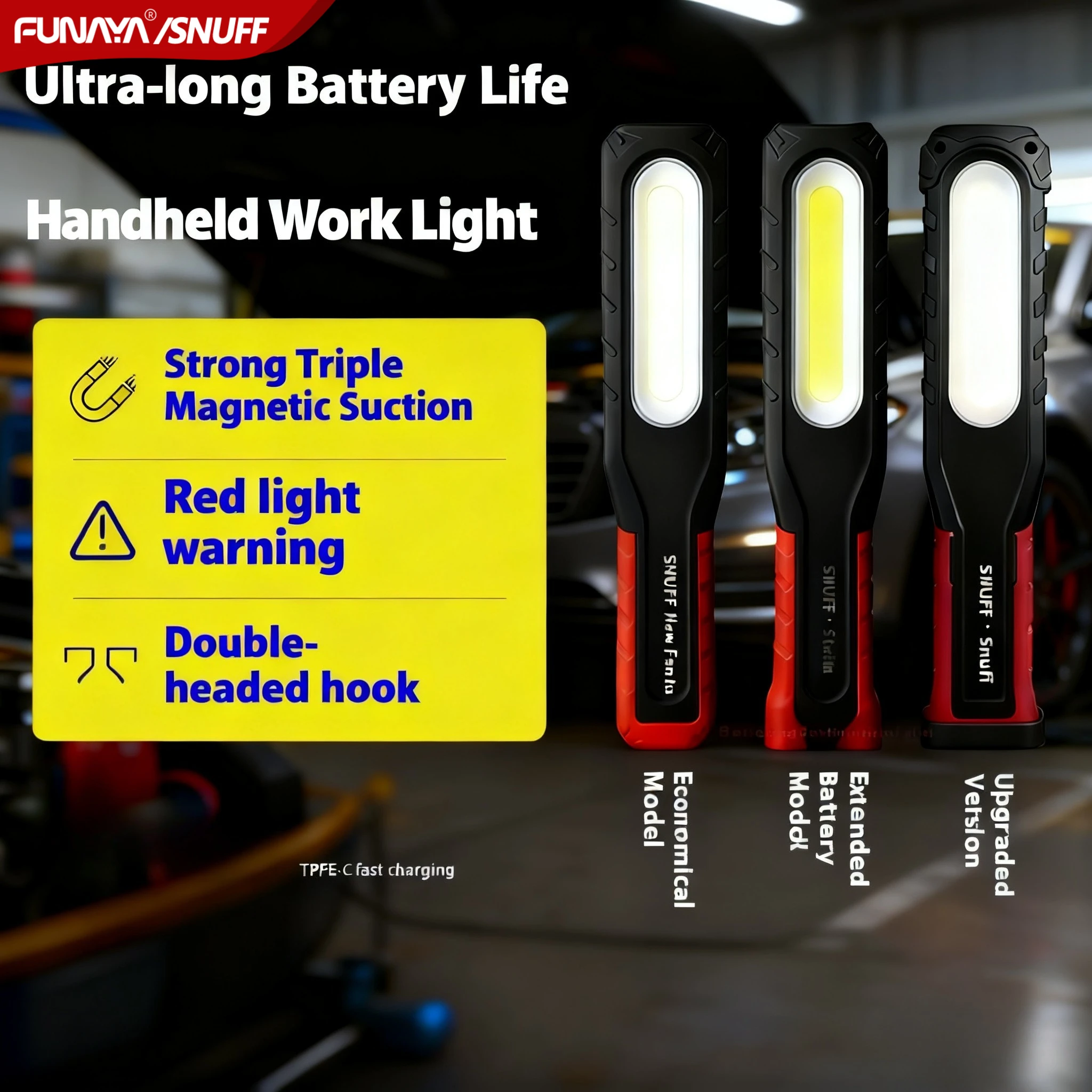 

Mechanic Auto Repair Light - Rechargeable Flashlight with 3 Strong Magnets, 9-Hour Battery Life, Heavy Duty Workshop Lighting