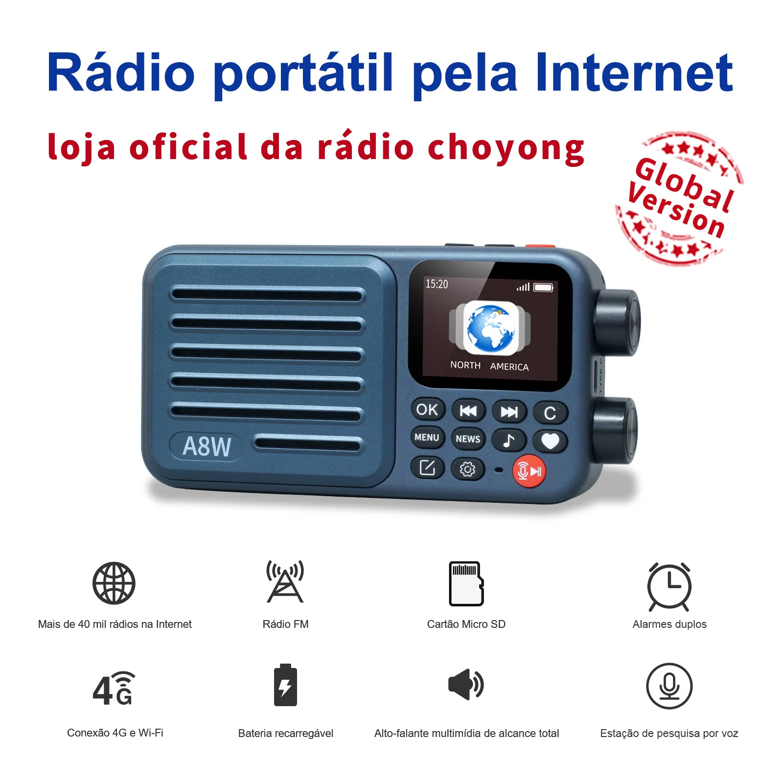 Choyong A8W Rádio de Internet portátil (Versão GLOBAL) com WIFI e 4G FM, cartão micro-SD, rádio de bolso digital mundial, escolha