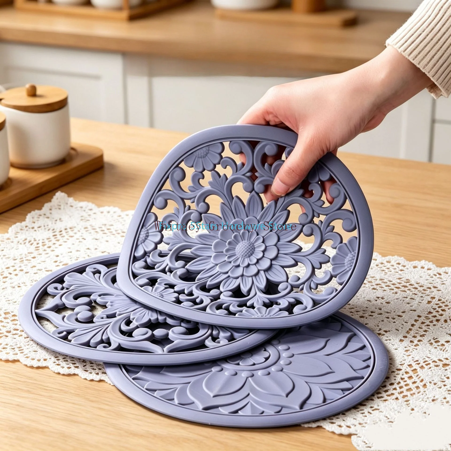 3Pcs Vintage Hollow Silicone Trivet Mat Set Heat Resistant Pot Holder Placemat Decorative Coaster for Dining Table Decor