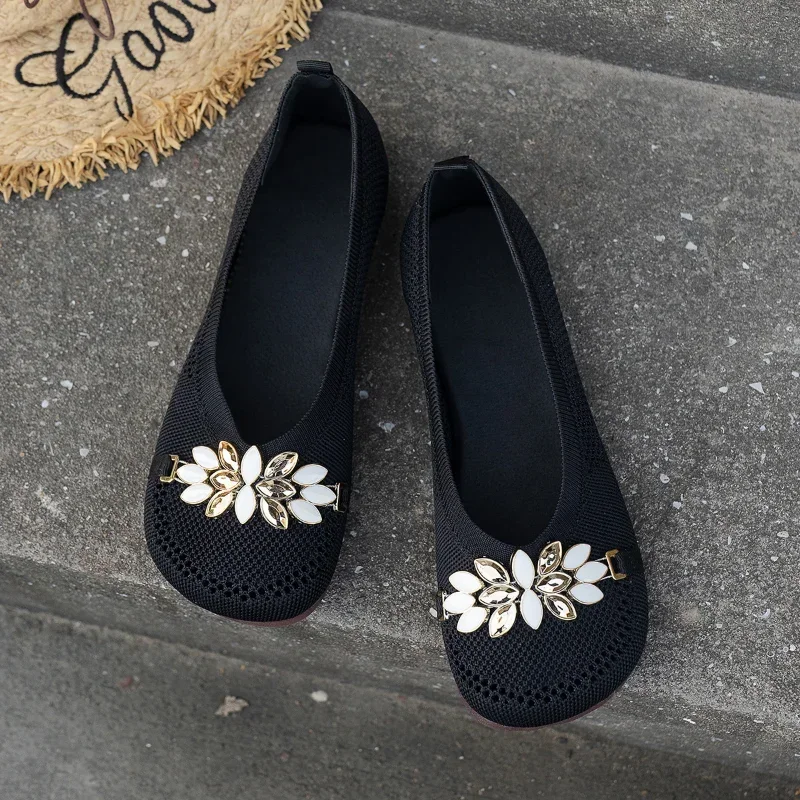 Ballet Flats Women\'s Luxury Flat Shoes Round Toe Mesh Rhinestone Flower Loafers Slip-on Elegant Woman Barefoot Footwear Size 43