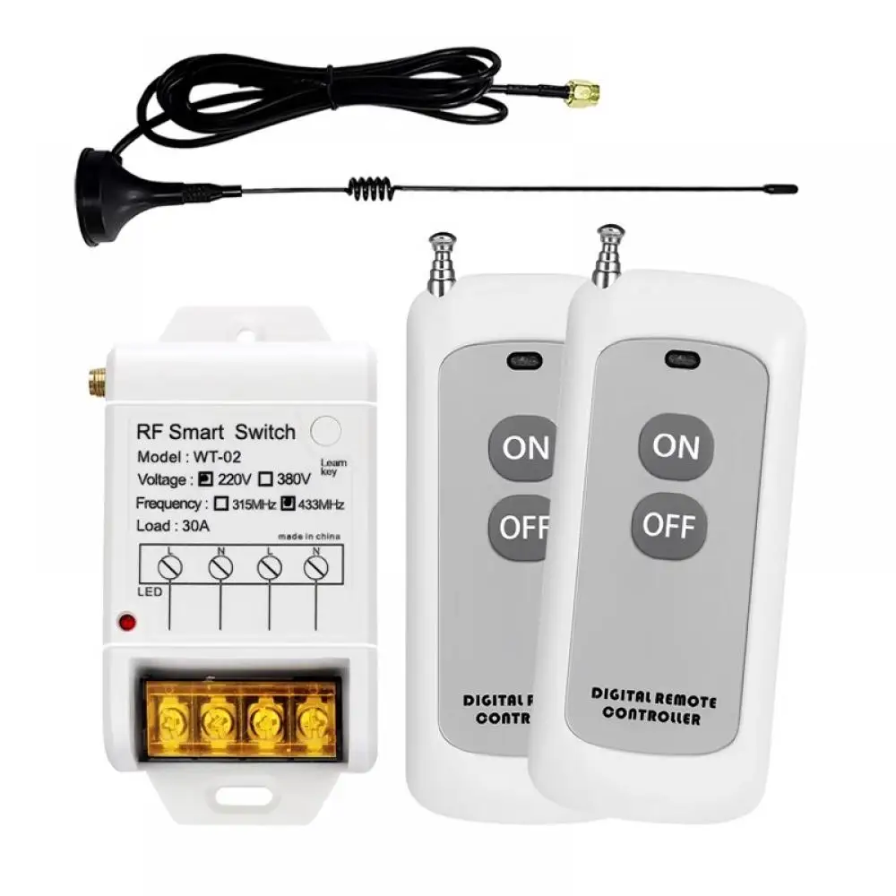 433MHz AC 220V 380V RF Remote Control Switch 30A Relay 2 Buttons Long Range Remote for Water Pump Home Outdoor Light Control
