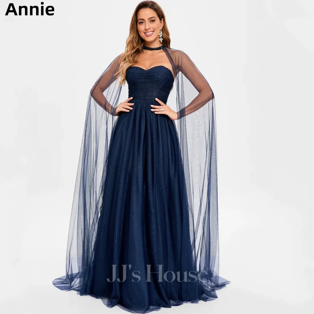 Annie Dark Blue Wedding Dress Glitter Cape Tulle Prom Dresses A-Shape Formal Occasions Evening Dresses Customized 2025