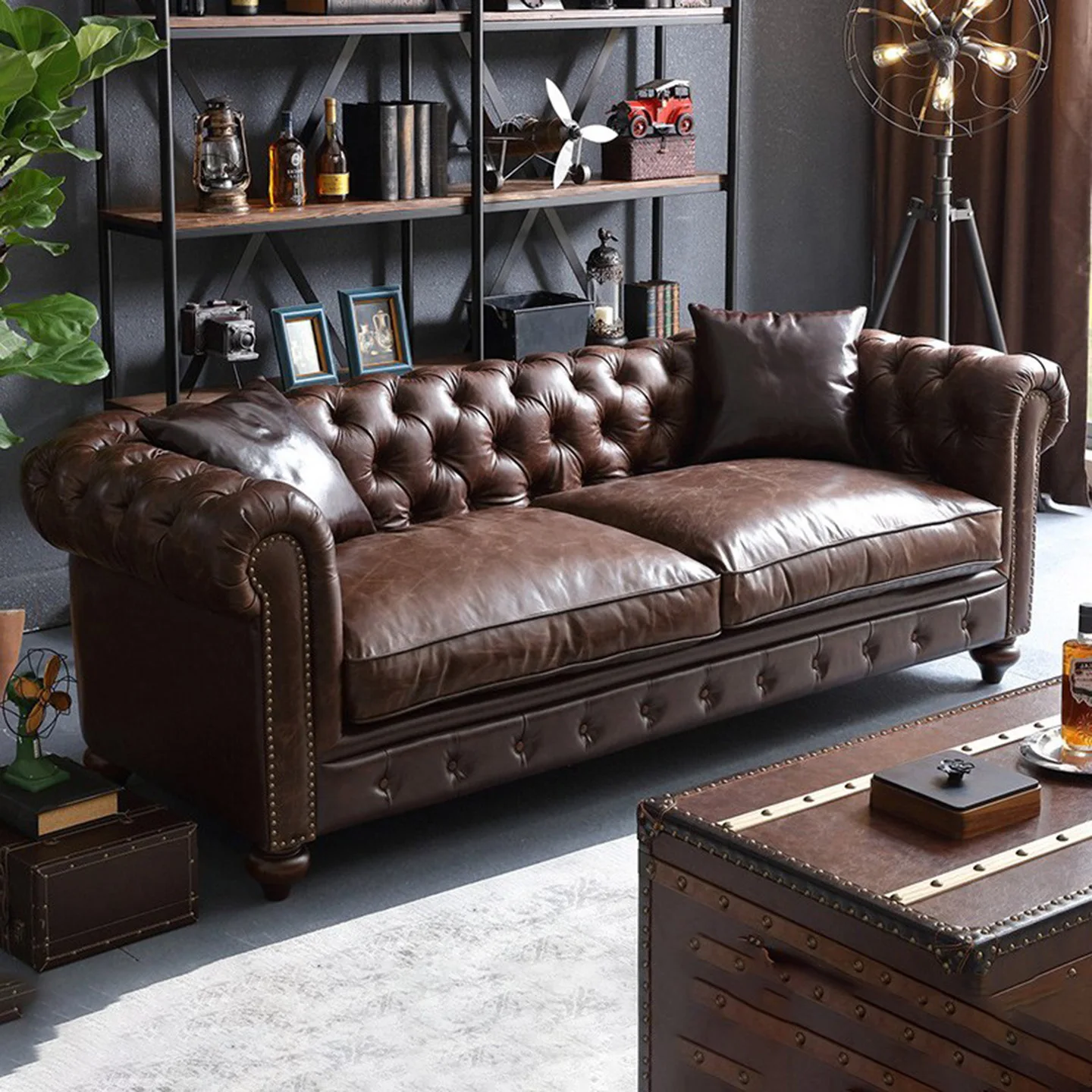 Leather sofa living room French retro pull button cigar bar oil wax leather club antique villa room