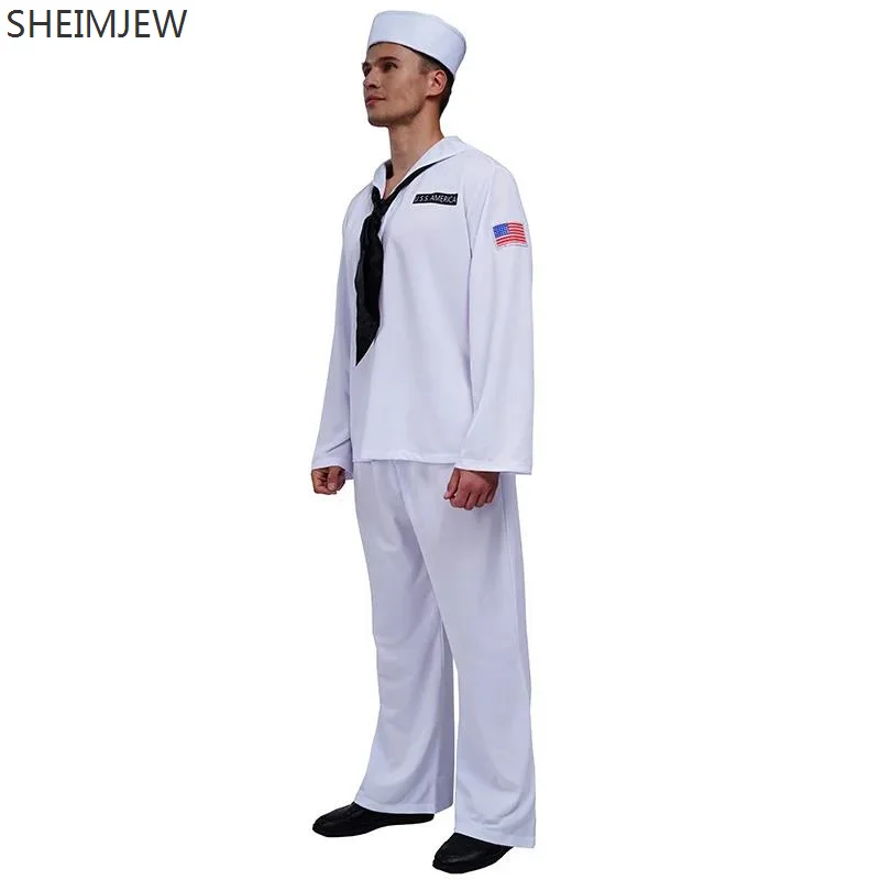 Halloween Male Sailor Costume Suit Navy Stage Performance Costume Cos Halloween Party White White Navy Costume Uniform For Men