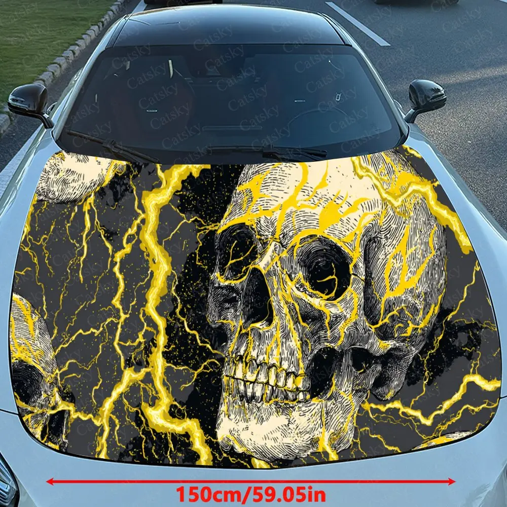 Car Decal Skull with Golden Lightning Effect in Dark Gothic Design, Creating a Bold and Electrifying Visual Car Hood Sticker, Wa