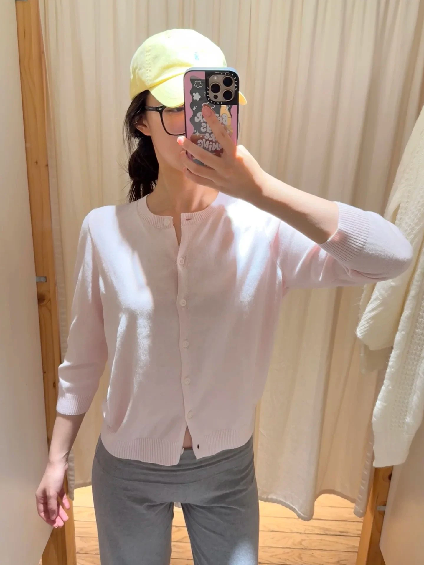 

Pink Thin Three Quarter Sleeve Cardigan Women Crew Neck Single Breasted Cotton Knitwear Autumn Preppy Style Sweet Knit Outerwear