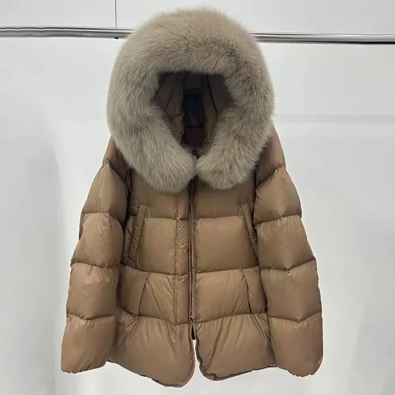 冬用ダウンジャケット レディース 本物のフォックスファー付きフード 厚手 90% ホワイトダックダウンコート パーカー 防水 レディース スリム ショート JJ1118