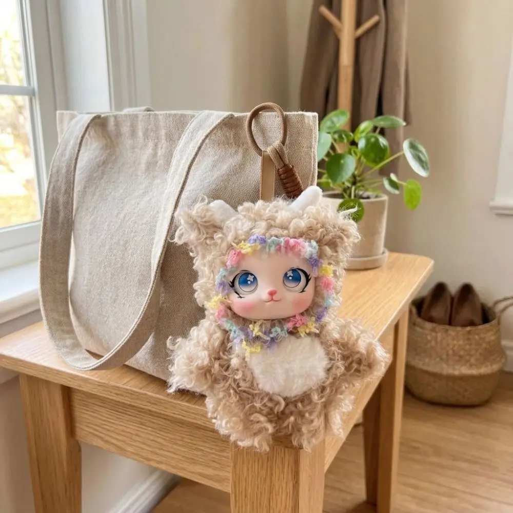 Fluffy Plush Rabbit Plush Keychain Soft Vinyl Face Lint‑Resistant Cute Curly Rabbit Plush Charm Skin-Friendly Handmade