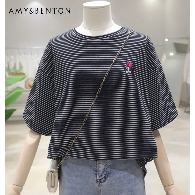 

Comfortable Pinstripe Cartoon Embroidery Top Tees 2024 Summer New Versatile Loose Slimming Cotton Short Sleeved T-shirt Women