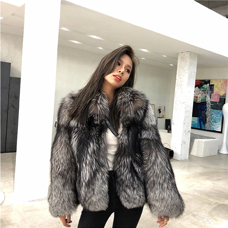 2024 Fashion Natural Silver Fox Fur Coat Women  With Durndown Collar 100% Whole Skin Fur Winter Thick Soft Warm Fox Fur Jacket