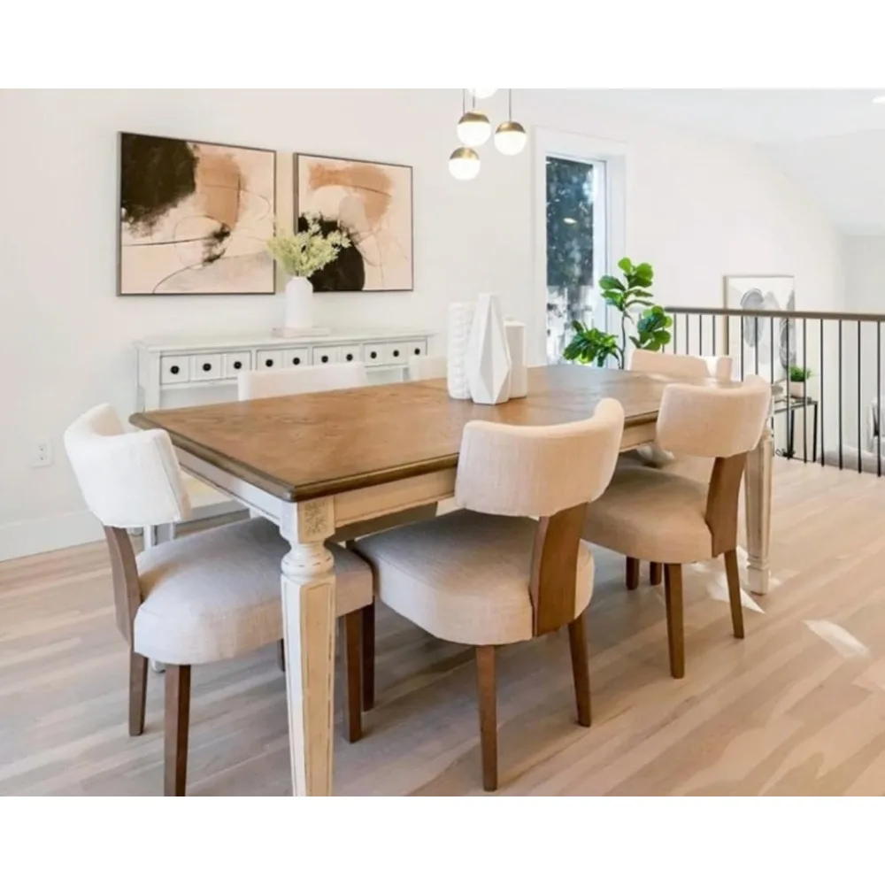 مجموعة كراسي تناول الطعام الحديثة لمنتصف القرن مكونة من 2: كتان منجد بمسند ظهر منحني وإطار من الخشب الصلب