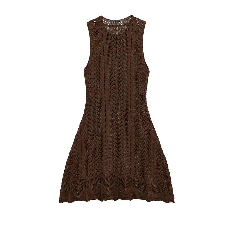 女性のドレス新しい夏ダークブラウンニットノースリーブミニドレスセクシーなカットアウトデザインスタイリッシュな個性