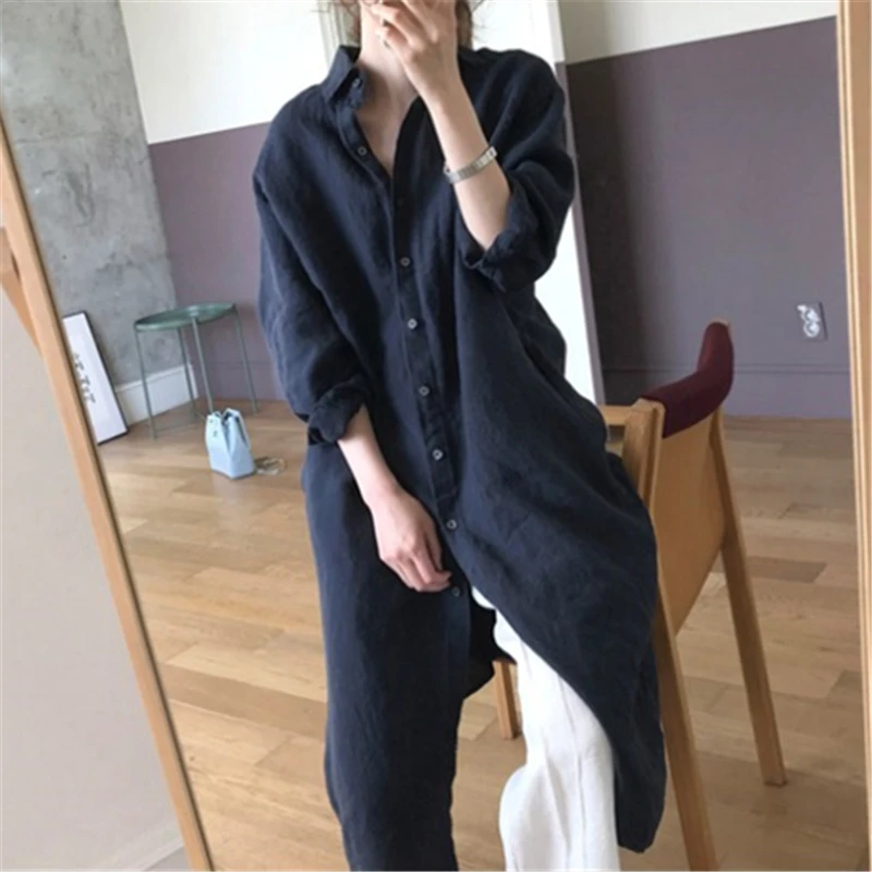 Camicetta lunga da donna bianca autunnale 2024 nuova tinta unita elegante manica lunga coreana monopetto Casual camicie larghe femminili