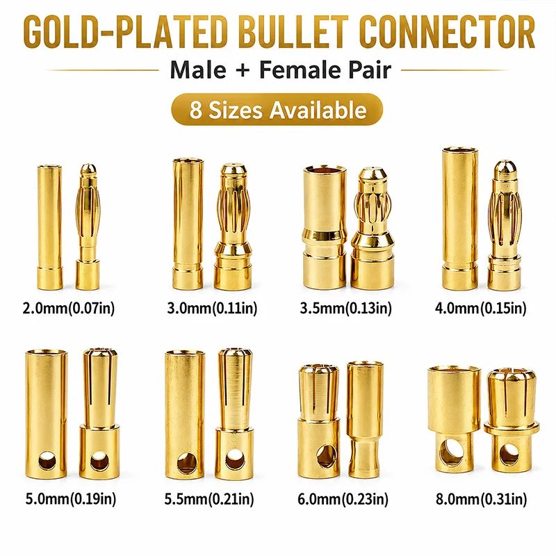2mm 3mm 3.5mm 4mm 5mm 5.5mm 6mm 8mm Gold Plated Bullet Banana Plug Male Female Connector for RC Battery ESC Motor 1-10 Pairs Kit
