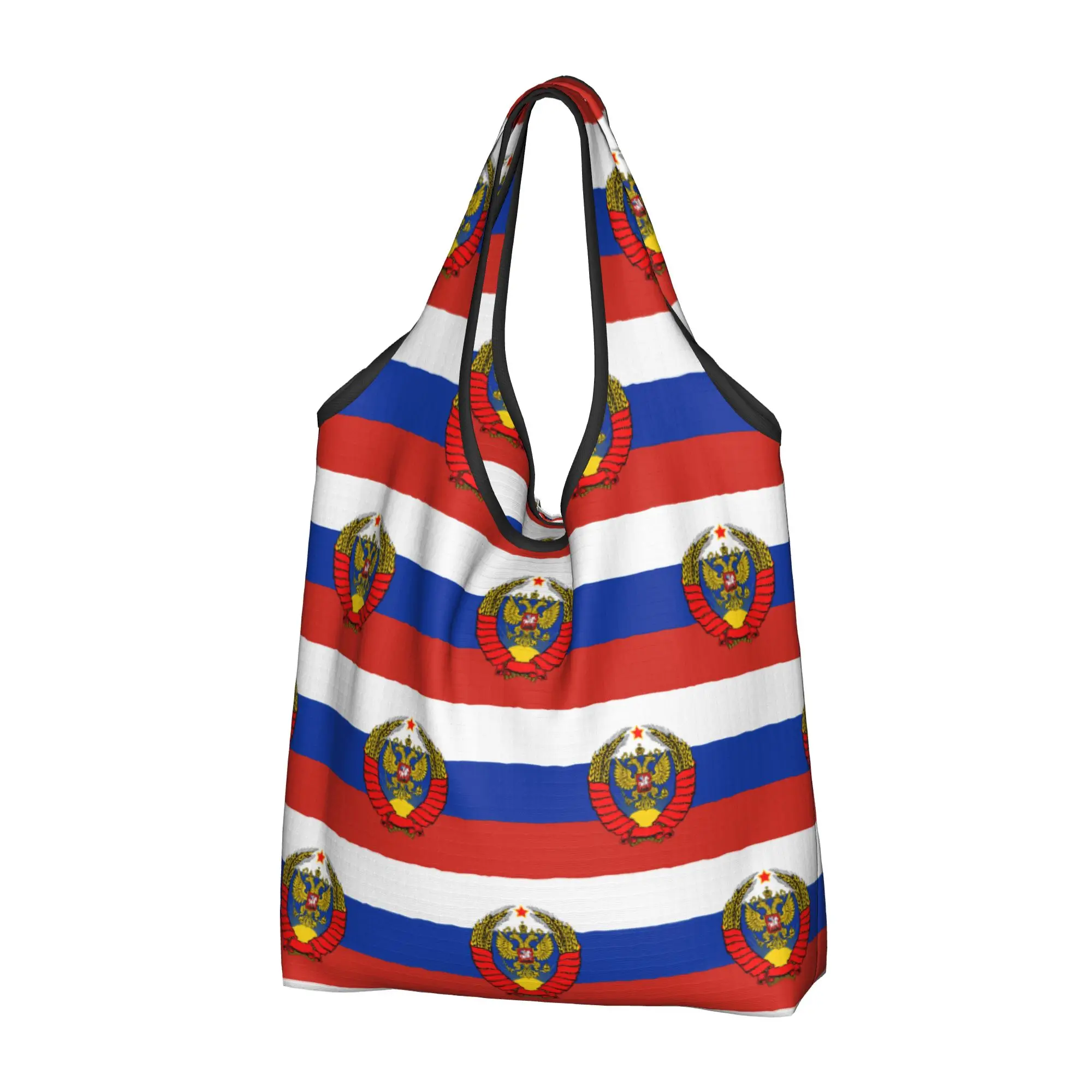 Flag Of Russia With Soviet Eagle Groceries Shopping Bags Funny Shopper Tote Shoulder Bag Large Capacity e Coat of Arms Handbag