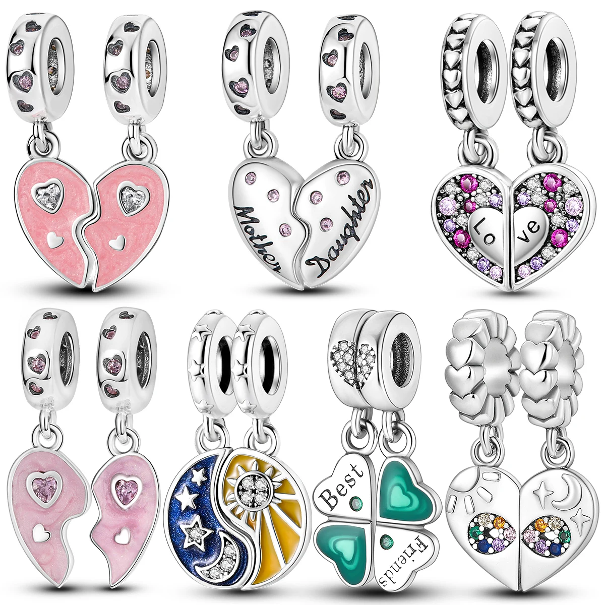 Double Heart-shape Charms Beads Silver Plated Mom Daughter Son Friendship Dangle Pendant Fit Pandora Bracelet DIY Jewelry