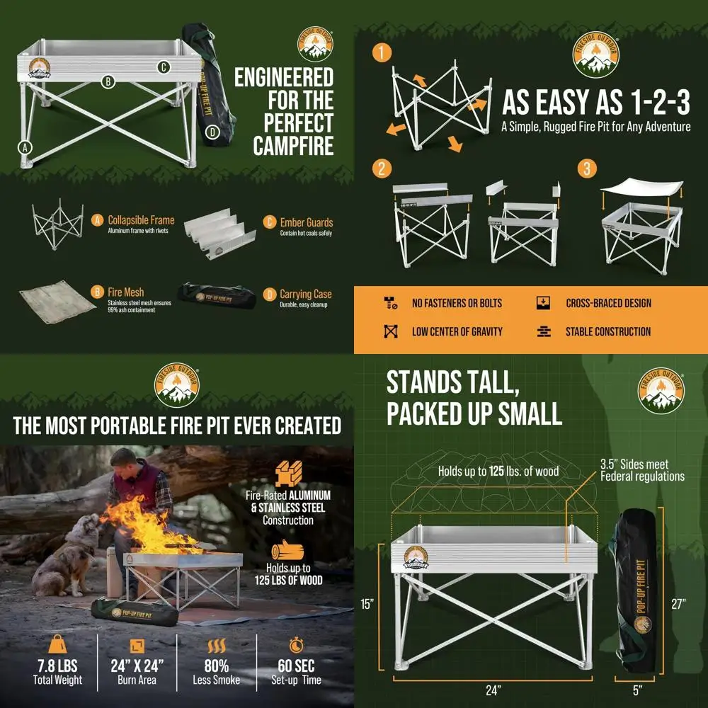 

Складной портативный очаг для костра на 24 дюйма для кемпинга, легкий уличный очаг, 7 фунтов, без термозащитного экрана