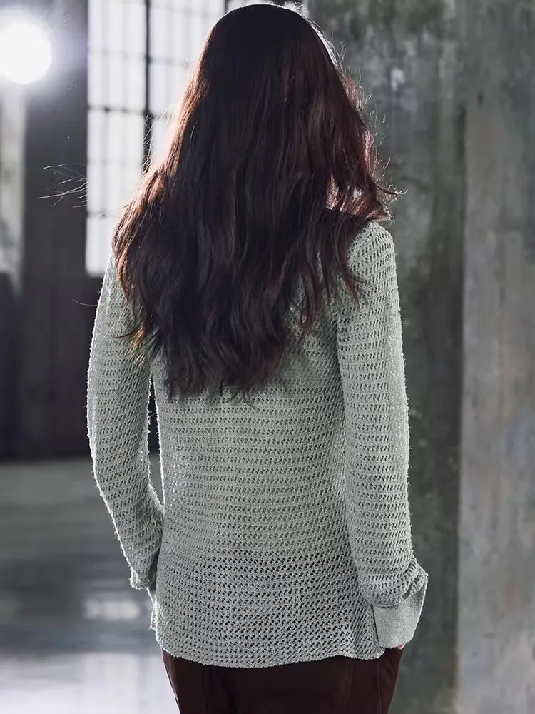 

Summer 2025 Women's Slim Fit Ne Knitted irt Patchwork Design Commute Sle Long Sve Pure Color Button Closure