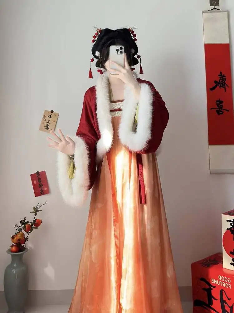 

Женщины в ханьфу [Tuan Tuan] Стиль династии Танг на флисовой подкладке, утолщенная верхняя куртка с храмом фена, юбка длиной до груди, новогодний наряд