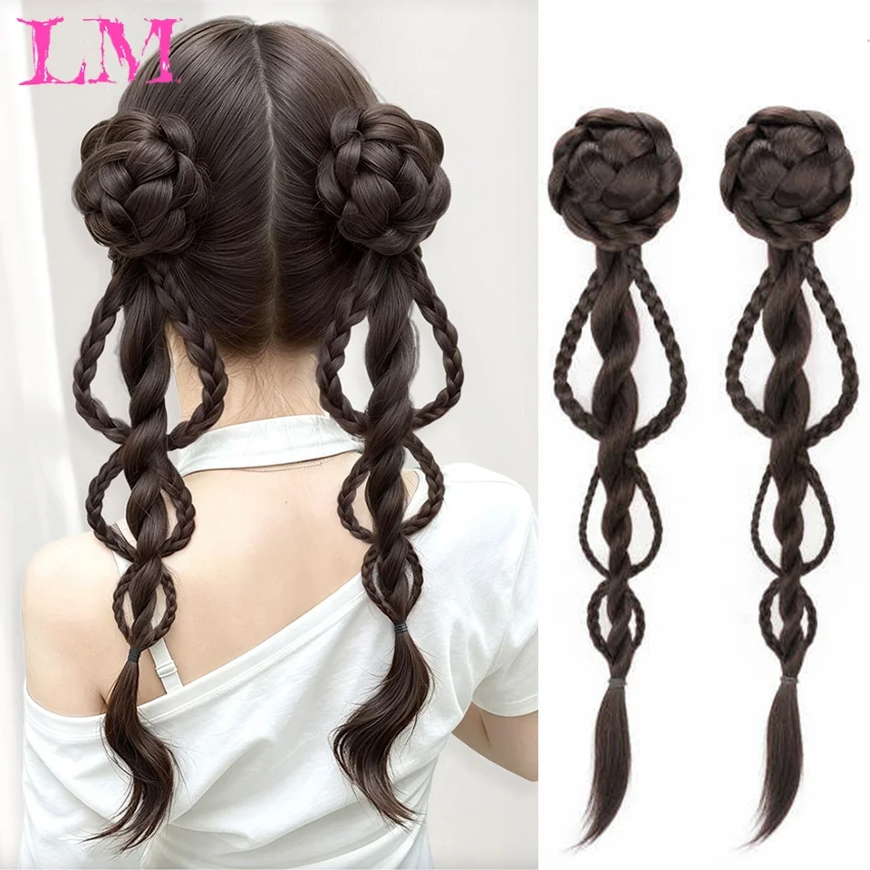 LM Synthetic Hair Loop Twist Braided Double Ponytail Wig Flower Bun Pre-Braided Fake Pigtail For Hanfu Vintage Styling