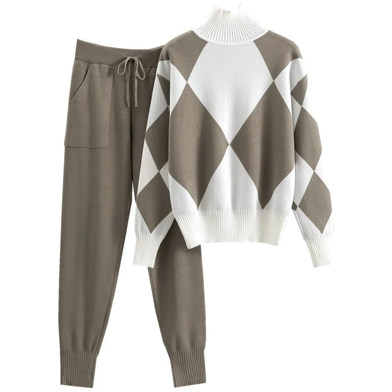Autumn Winter Women's New Casual Knitted Tracksuits Plaid High Neck Sweater And Pants Two Piece Set New In Matching Sets