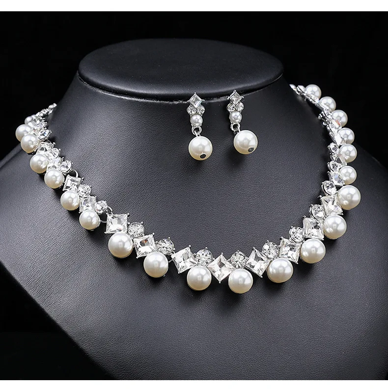Pearl And Gemstone Necklace Set Female Wedding Necklace Set Alloy