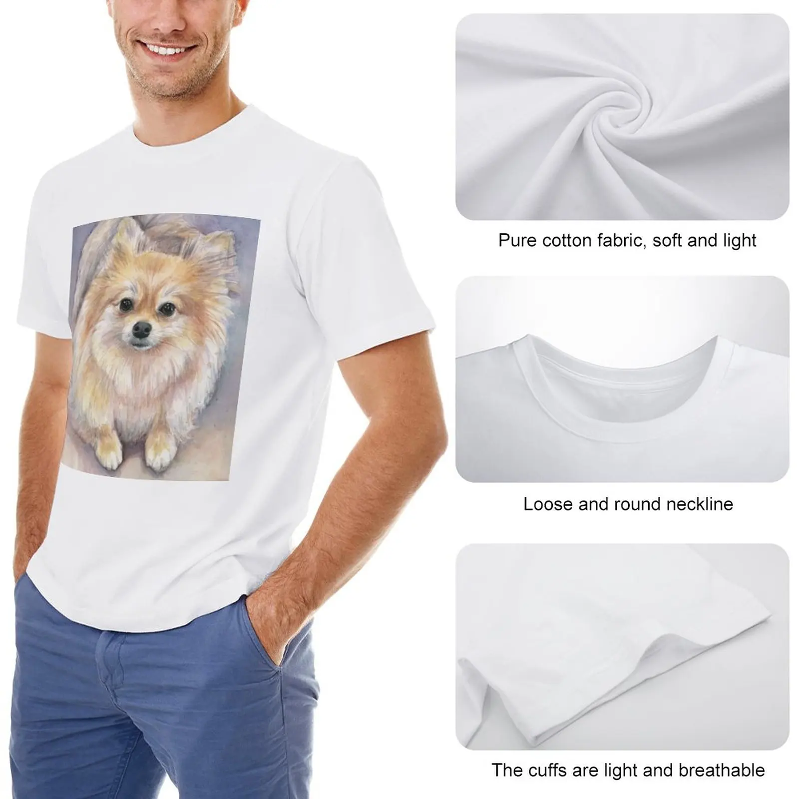 Pomeranian Watercolor Portrait T-Shirt black t shirt anime Men's cotton t-shirt