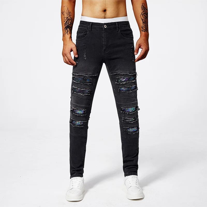 

New broken holes hot drill fashion men's black jeans casual versatile elastic small feet pants male models
