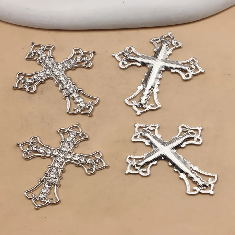 4pcs Silver Plated Hollow Handmade Rhinestone Catholic Crosses Pendant DIY Charms Necklace Earrings Jewelry Crafts Making P1077