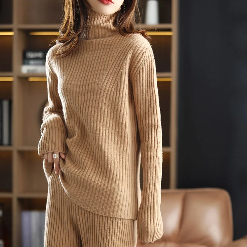 SZDYQH 100% Pure Wool Cashmere Two-piece Women\'s Turtleneck Pullover Sweater Autumn and Winter New Fashion Wide-leg Pants Suit