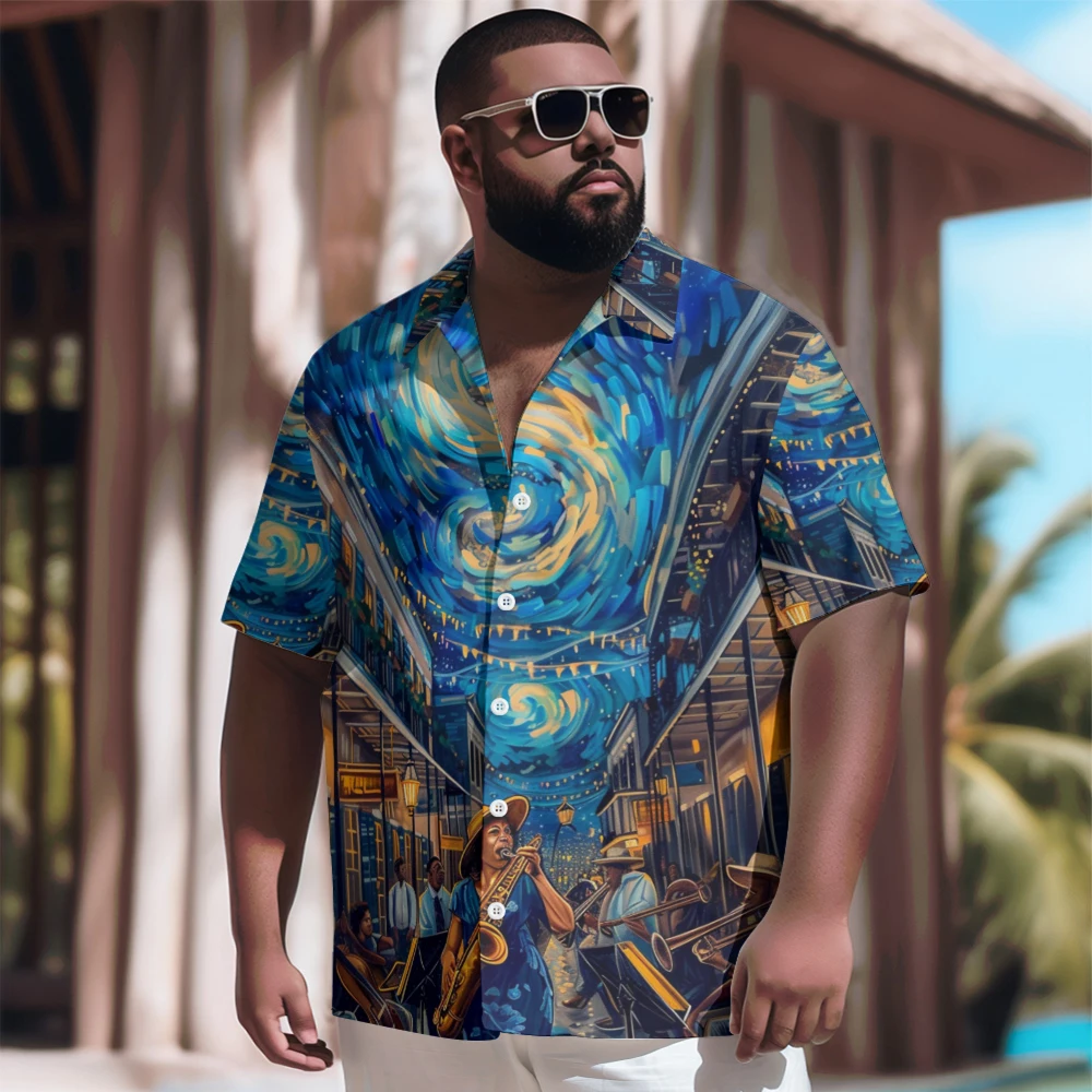 

New Hawaiian Shirt Men Goth Men Starry Night Music Alley Printed Casual Short Sleeve Tops Vintage Plus Size Summer Shirts