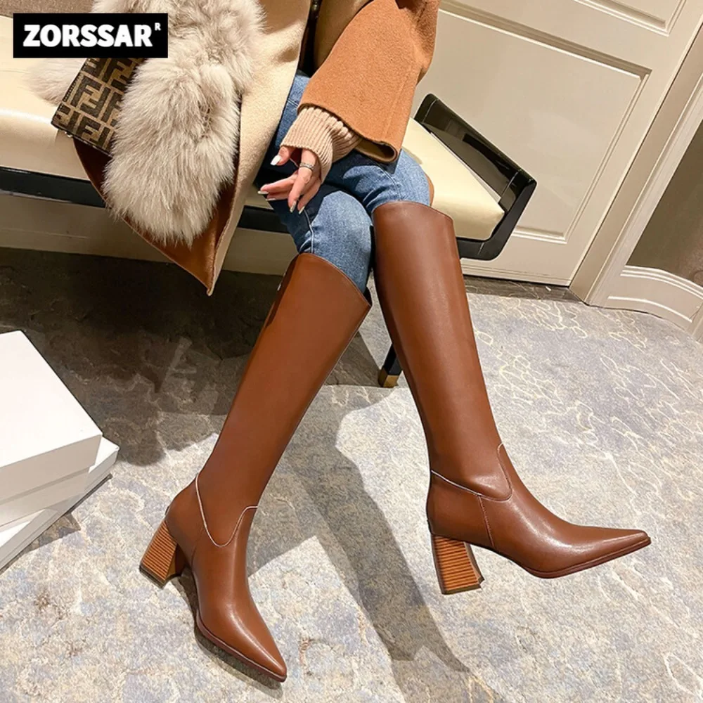 

Cow Leather Over The Knee Boots Women Chunky Heel Pointed Toe Long Boots 2024 New Fashion High Heel Woman Thigh High Riding Boot