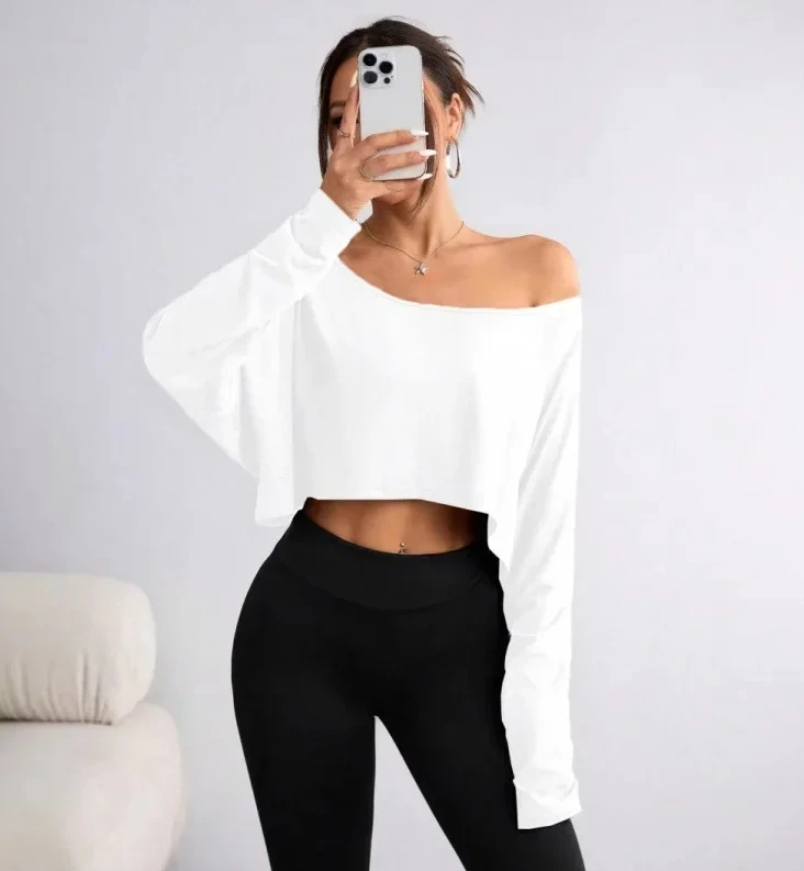 تي شيرت عصري بقاعدة فضفاضة على الكتف وأكمام طويلة وإحساس الجليد للربيع والصيف ملابس نسائية أساسية