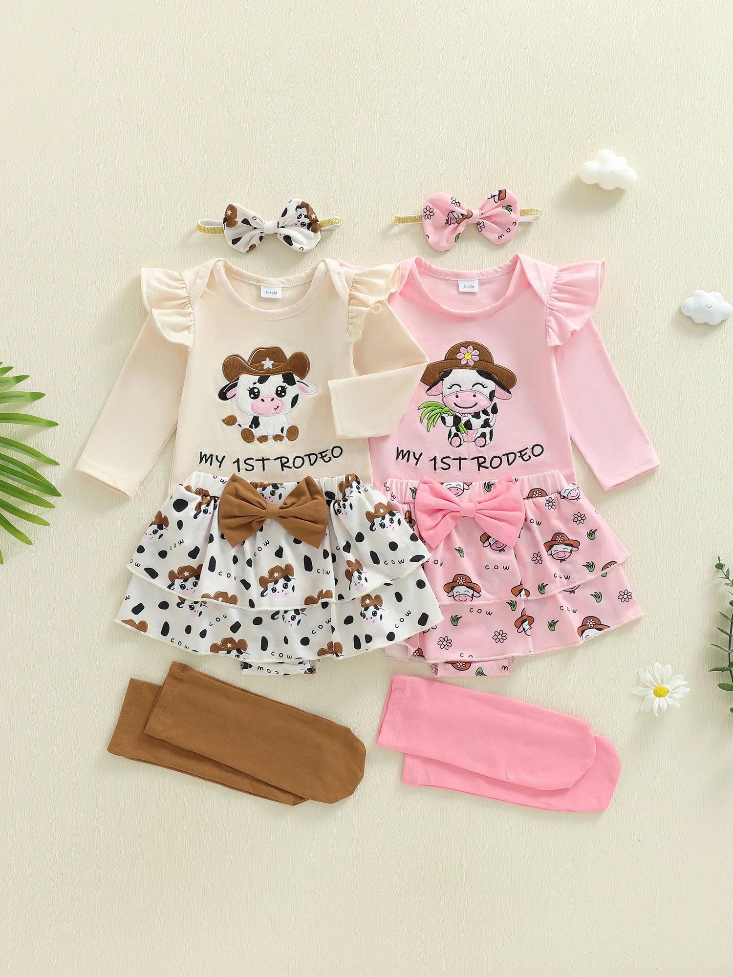 

Adorable Infant Clothing Set with Cute Cow Design Including Romper Skirt Headband and Socks for Baby Girls