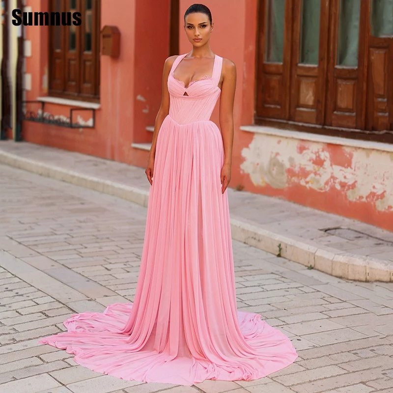 

Sumnus Elegant A-Line Pink Evening Dresses Halter Lace Sleeveless Draped Formal Dresses Gala فساتين سهرة Customized