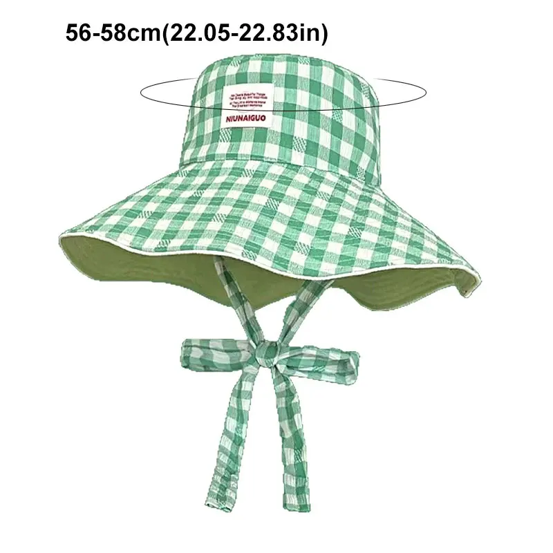 Korean Ins Plaid Tie Strap Bucket Hat Women Girl Fashion Large Brim Double Sided Sun Cap Summer Travel Versatile Fisherman Hat
