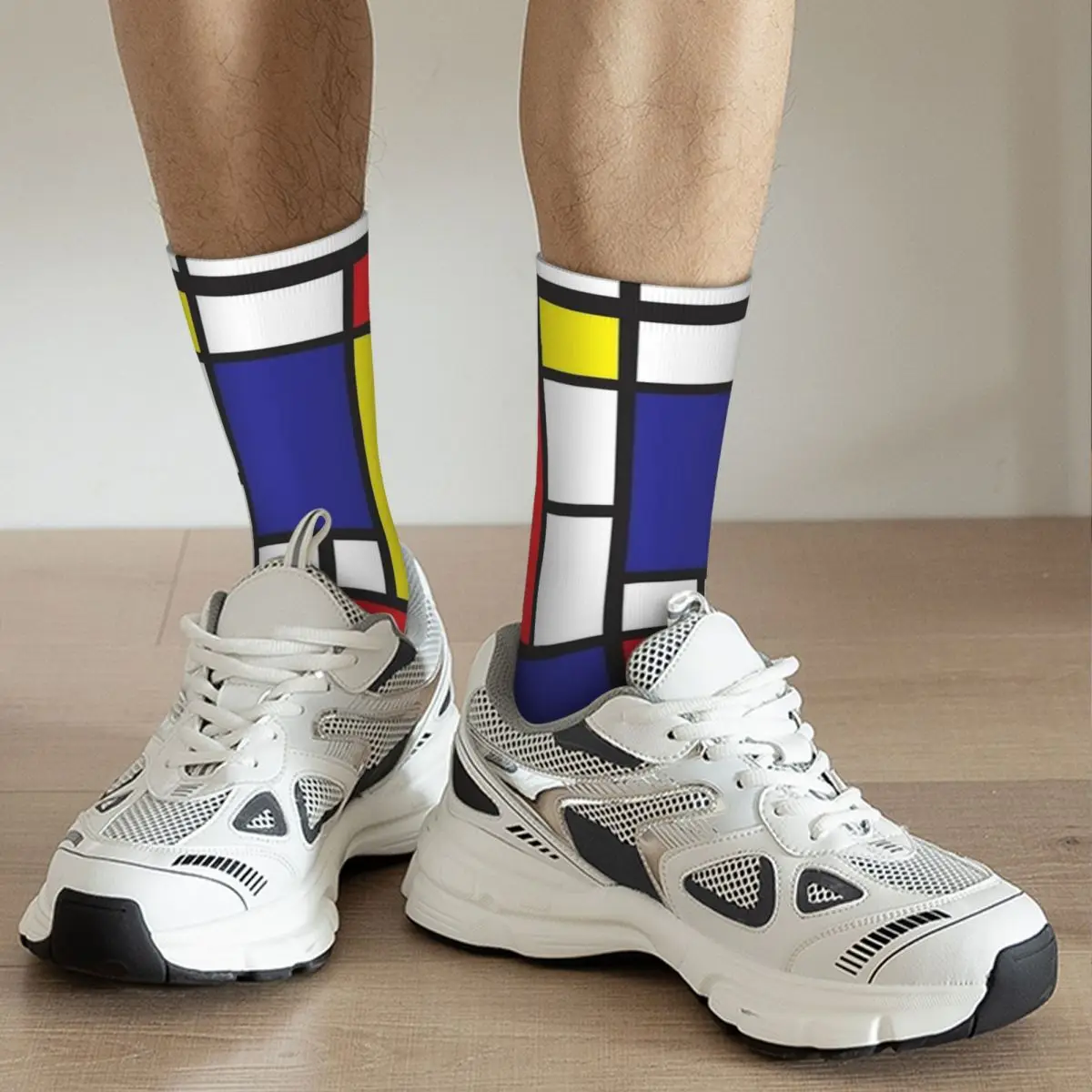 Piet Mondrian Socks Abstract Geometric Art Red Blue Yellow Rectangles Stockings Men Cycling Socks Autumn Anti Bacterial Socks