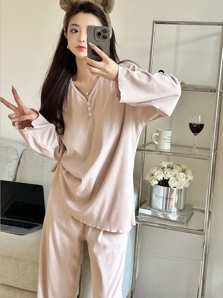 طقم بيجامة حريمي 6 ألوان منزل بسيط دافئ بالإضافة إلى ملابس نوم مخملية غير رسمية ناعمة للفتيات الصغيرات كل مباراة Ulzzang للخريف والشتاء