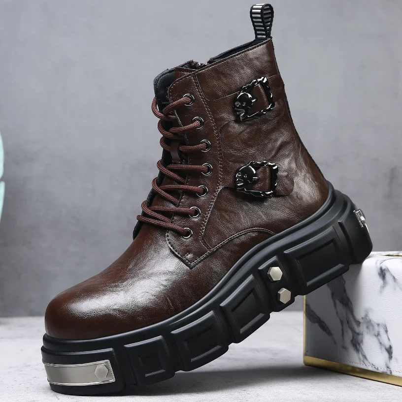 New Punk Thick-soled Men Genuine Leather Zipper High-top Locomotive motorcycle boots high top outdoor sports shoes