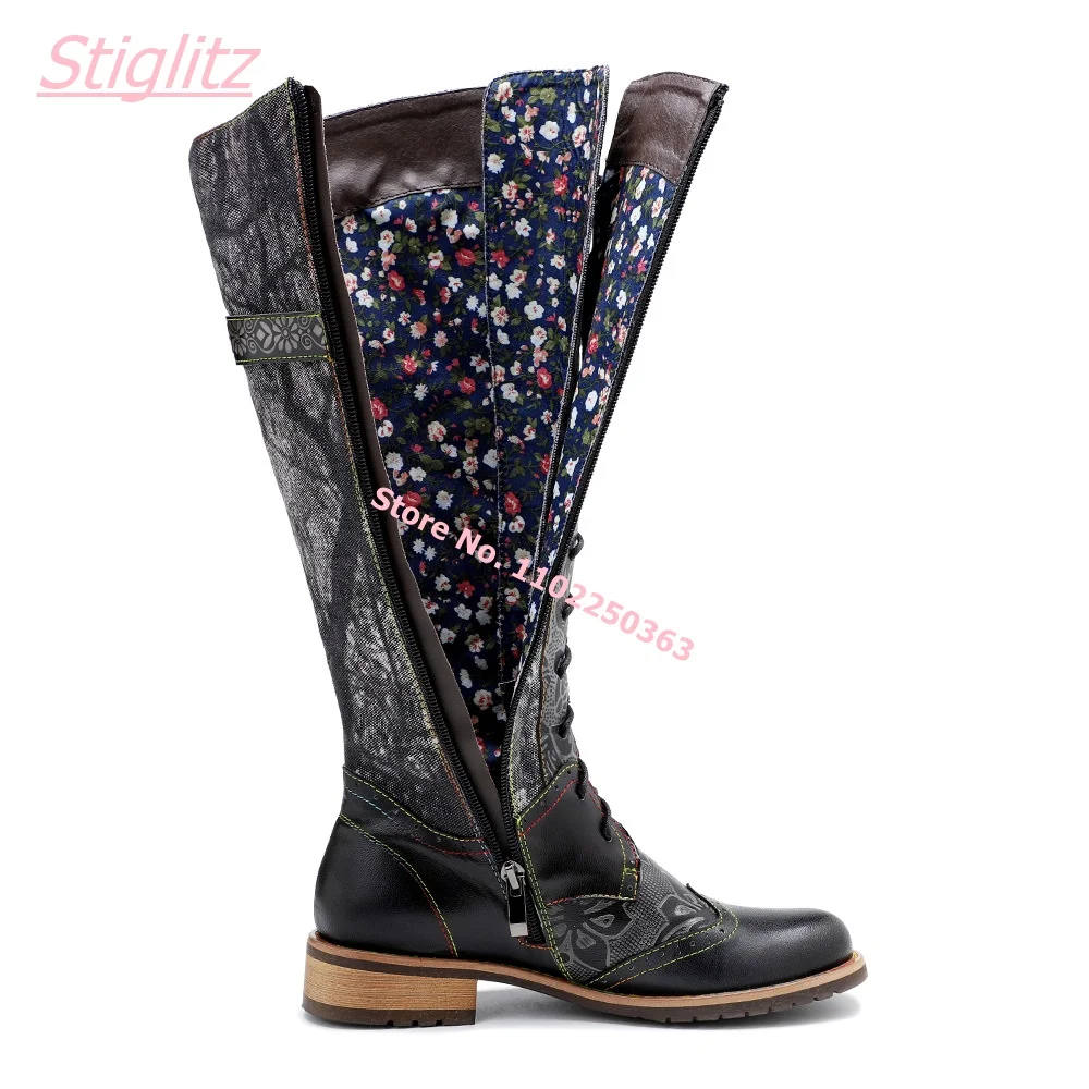 Leisure Motorcycle Texture Women Boots Boyfriend Style Neutral Dark Flower Lace Up Zipper Square Med Heel Round Toe Free Ship