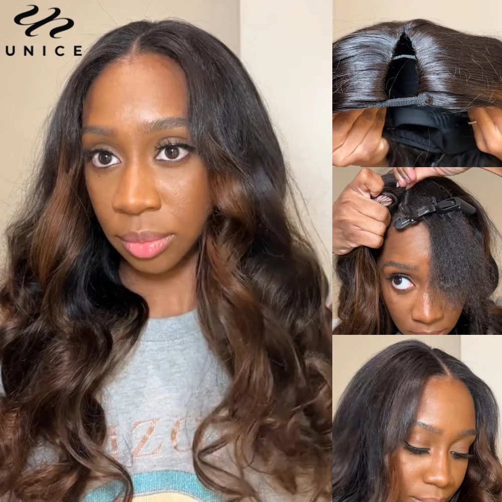 UNICE Chestnut Brown Body Wave V Part Wig 100% Human Hair Wig With Elastic Drawstring Cap Fit Small Cap Big Cap 150% Density