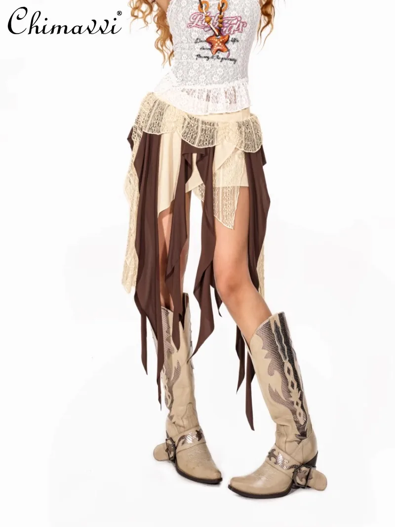 

2025 New American Retro Lace Irregular Summer Wasteland Fringed Streamer Hot Y2k Short Skirt For Women