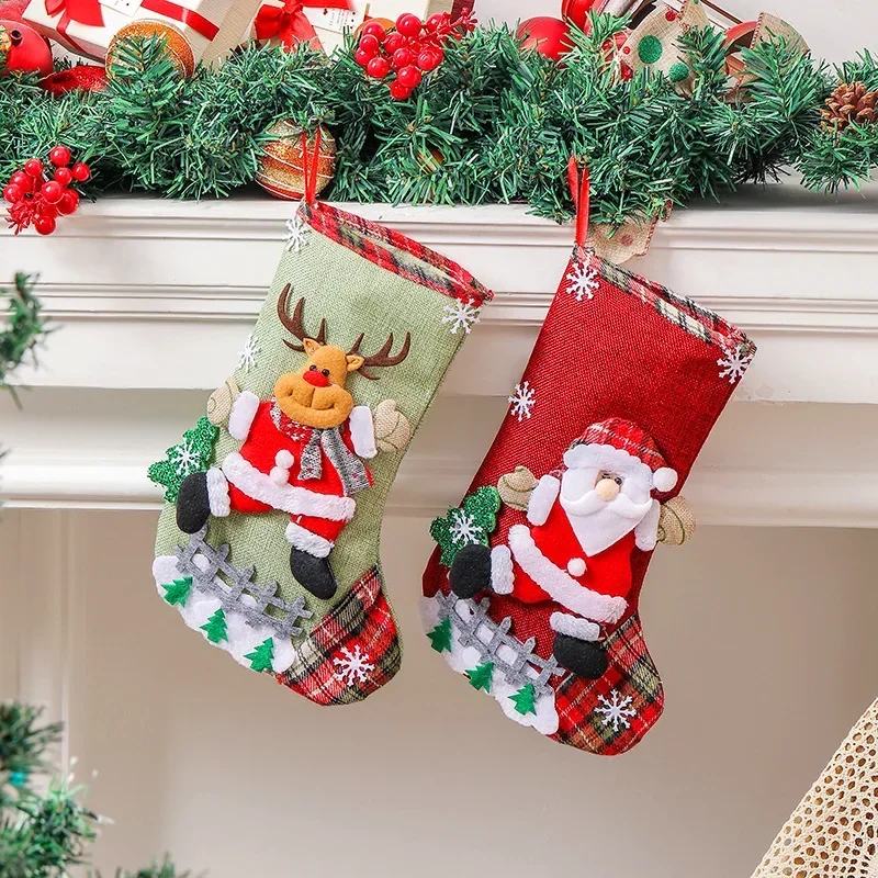 Christmas Socks Fireplace Christmas Ornaments Linen Snowman Decoration Bear Hanging Decor Pendant Kids Gift Candy Bag for home